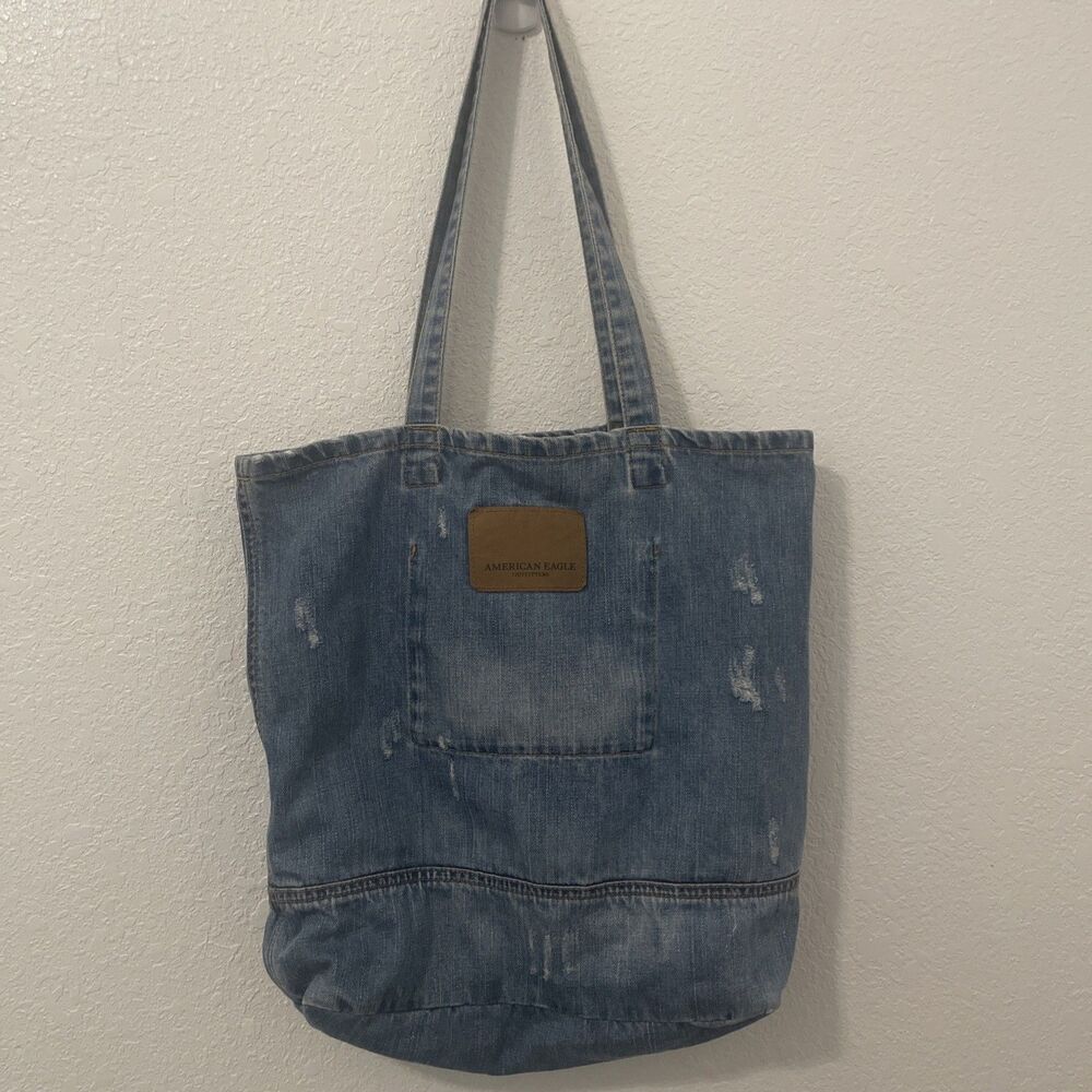 American Eagle Outfitters Denim Tote Bag Blue Distressed Logo Shoulder Shopper